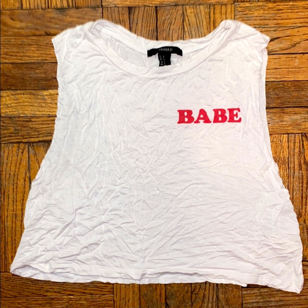 White and red “BABE” cropped muscle tank